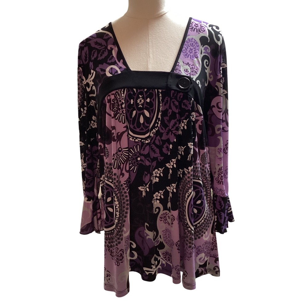 Dressbarn Woman Purple Paisley Floral Bell Sleeve Empire Waist Tunic Top 1X